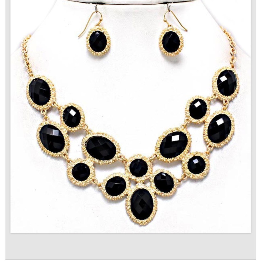 Black Matte Gold Necklace Earrings Bib Acrylic Womens Jewelry Set